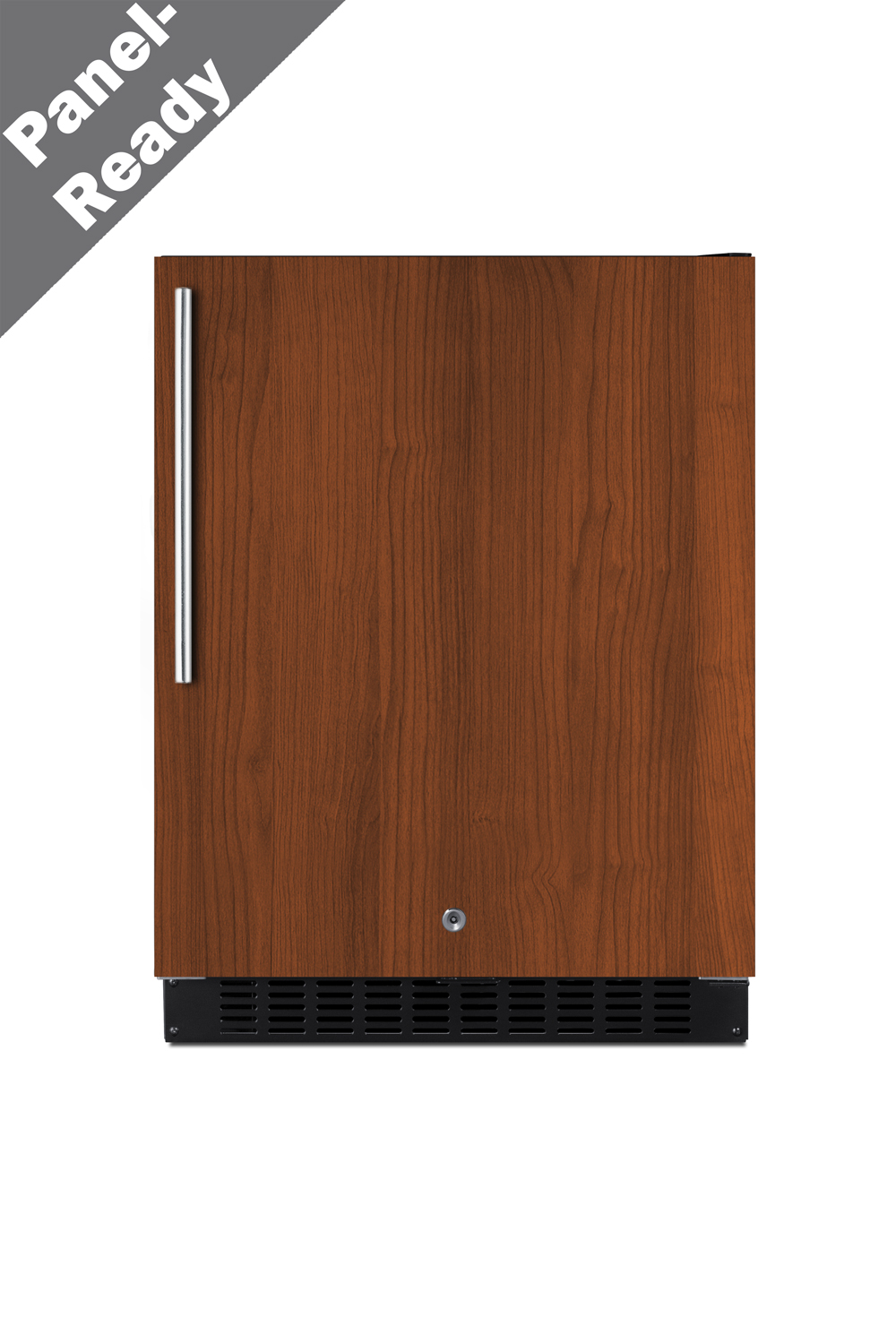 Shallow depth built-in undercounter ADA compliant all-refrigerator with panel-ready door, stainless steel interior, black cabinet, lock, and digital controls
